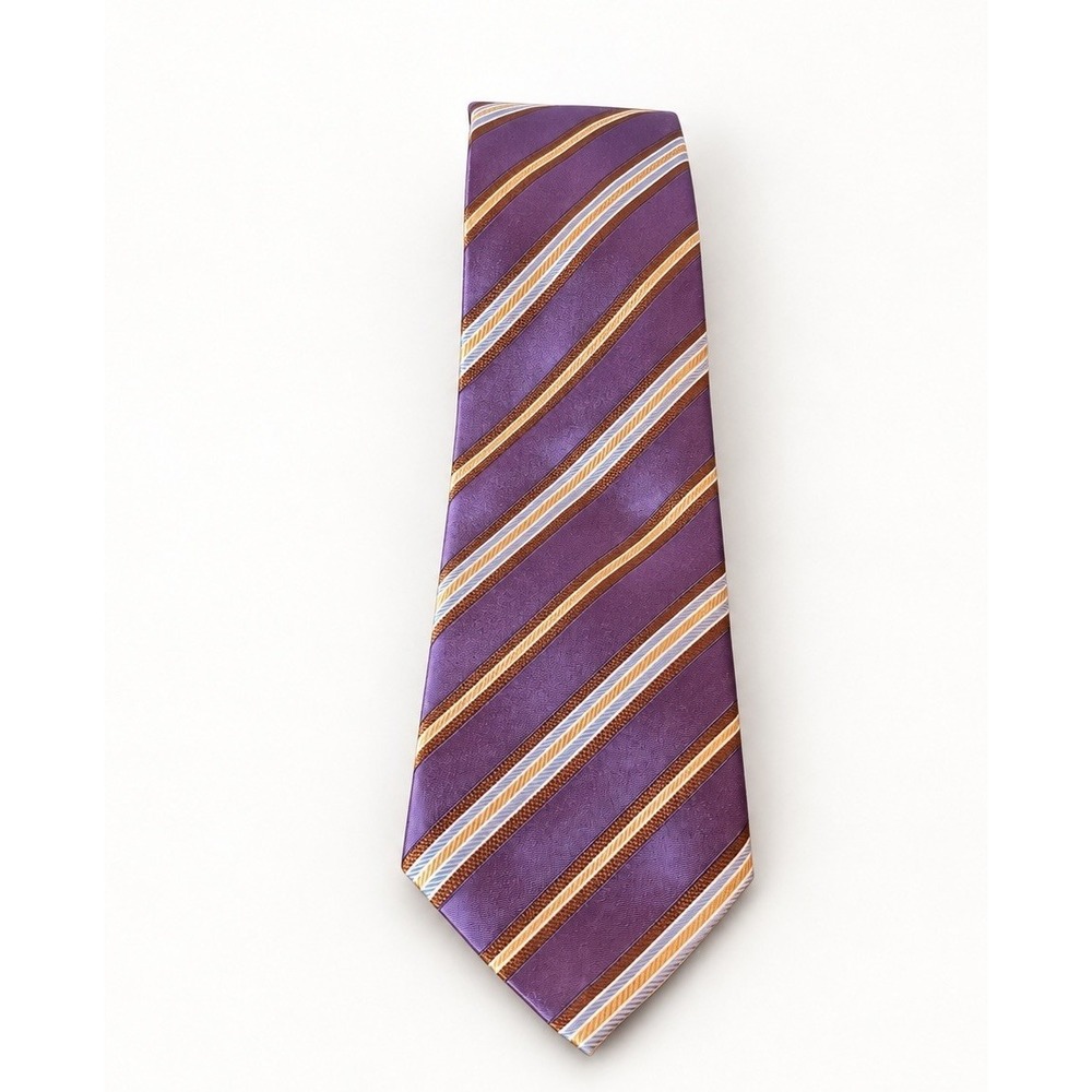 David Donahue Men's 100% Silk Tie Purple Blue Brown Gold Striped Made USA